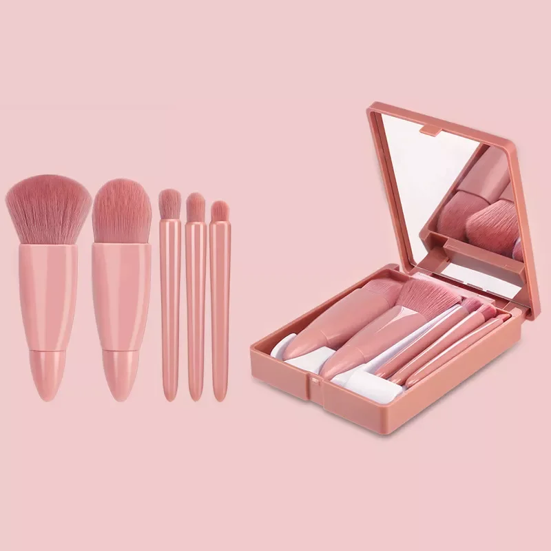 

Brushes Set Portable 5Pcs Multi-Function Set With Mirror Soft Hair Loose Powder Brush Blush Foundation Eye Shadow Brush
