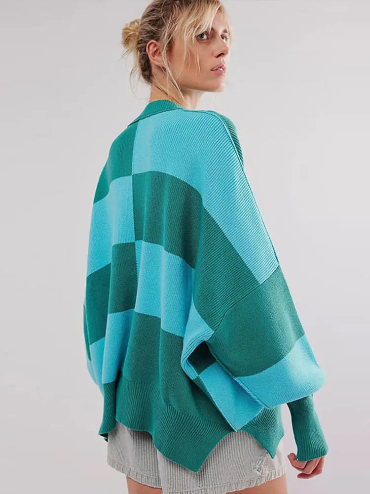 Повседневные вязаные свитера в клетку Женский винтажный свободный мягкий