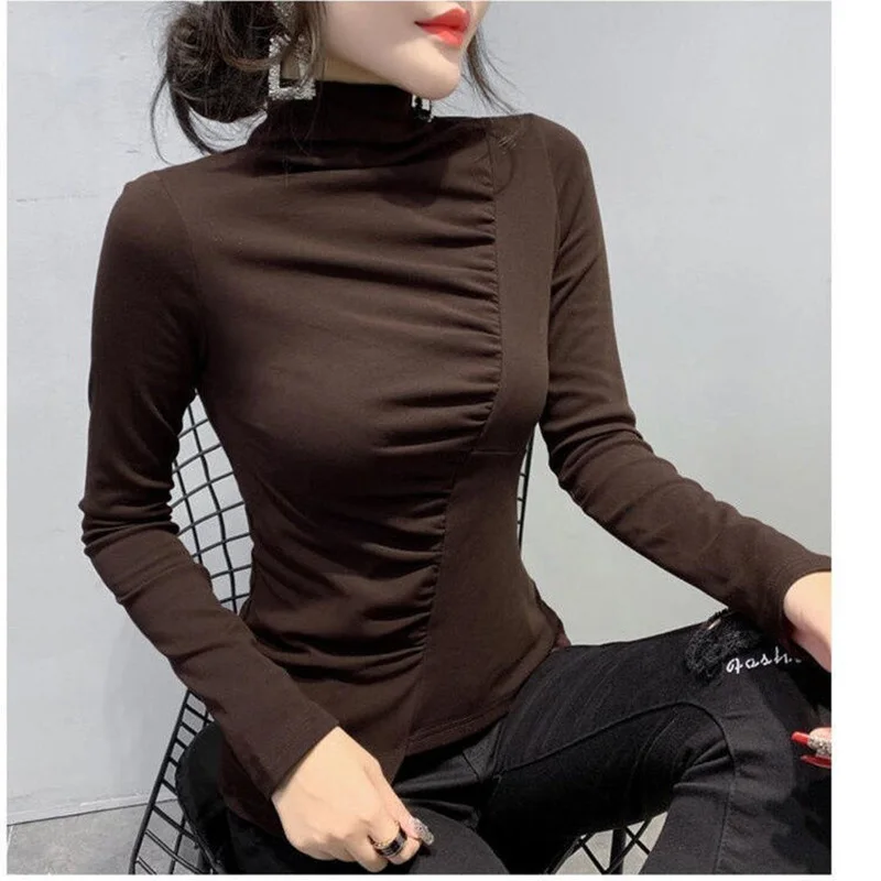 

Fashion Solid Color Spliced All-match Folds Blouse Women's Clothing 2022 Autumn Loose New Casual Pullovers Irregular Shirt