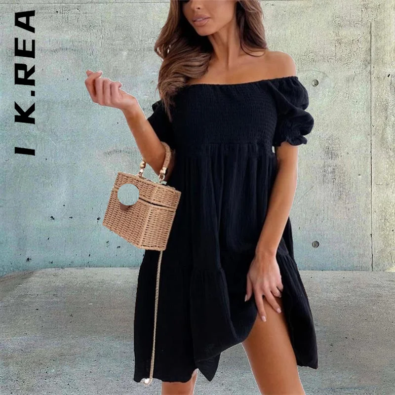

I K.Rea Women Dress Fashion Backless Mini Dress Lady Slash Neck White Puff Sleeve Dresses Robe Vintage Clothing Vestidos Female