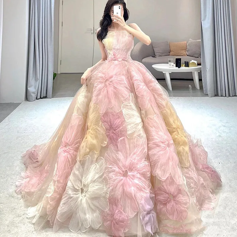 

Floral Bridal Wedding Dress With Trailing Tail Luxury Travel Dresses For Wedding Performance Arts Examination S0095H