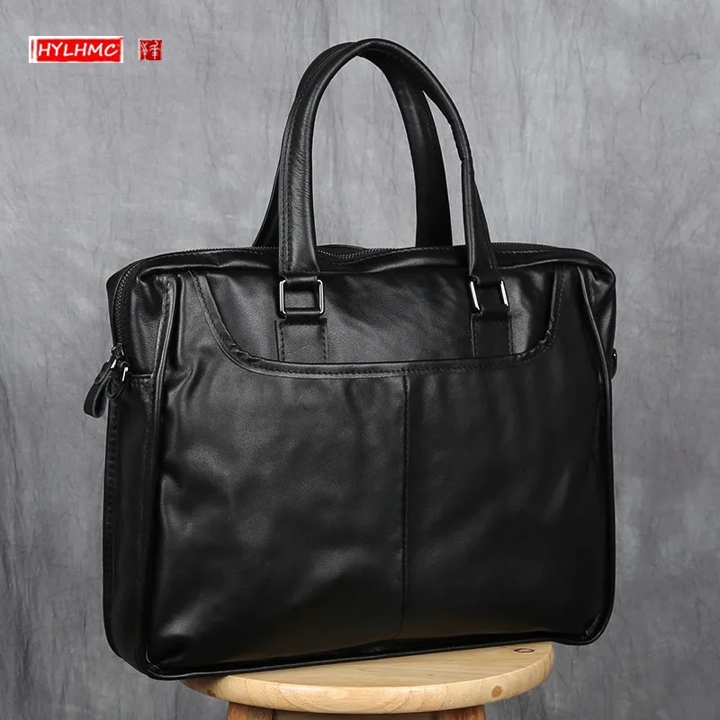 Soft Black Genuine Leather Men Handbag Laptop Bag Briefcase Shoulder Messenger Bags Head Layer Cowhide Men's Business Casual Big