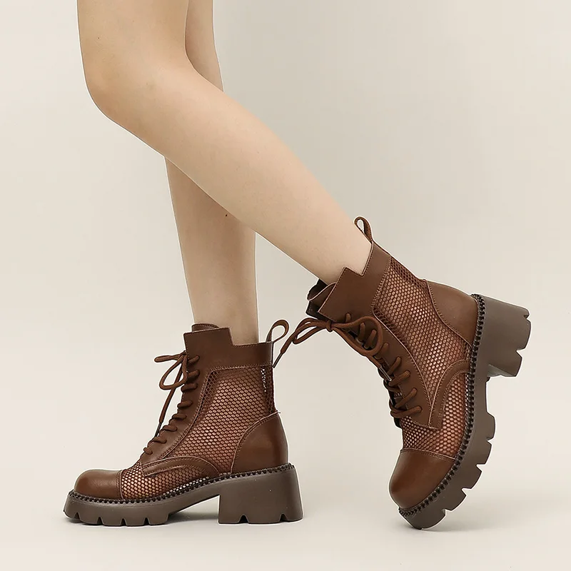 AIYUQI Cool Boots Female Genuine Leather 2023 New Vintage Hollow Out Female Ankle Boots Mesh Gauze Summer Boots Short Female