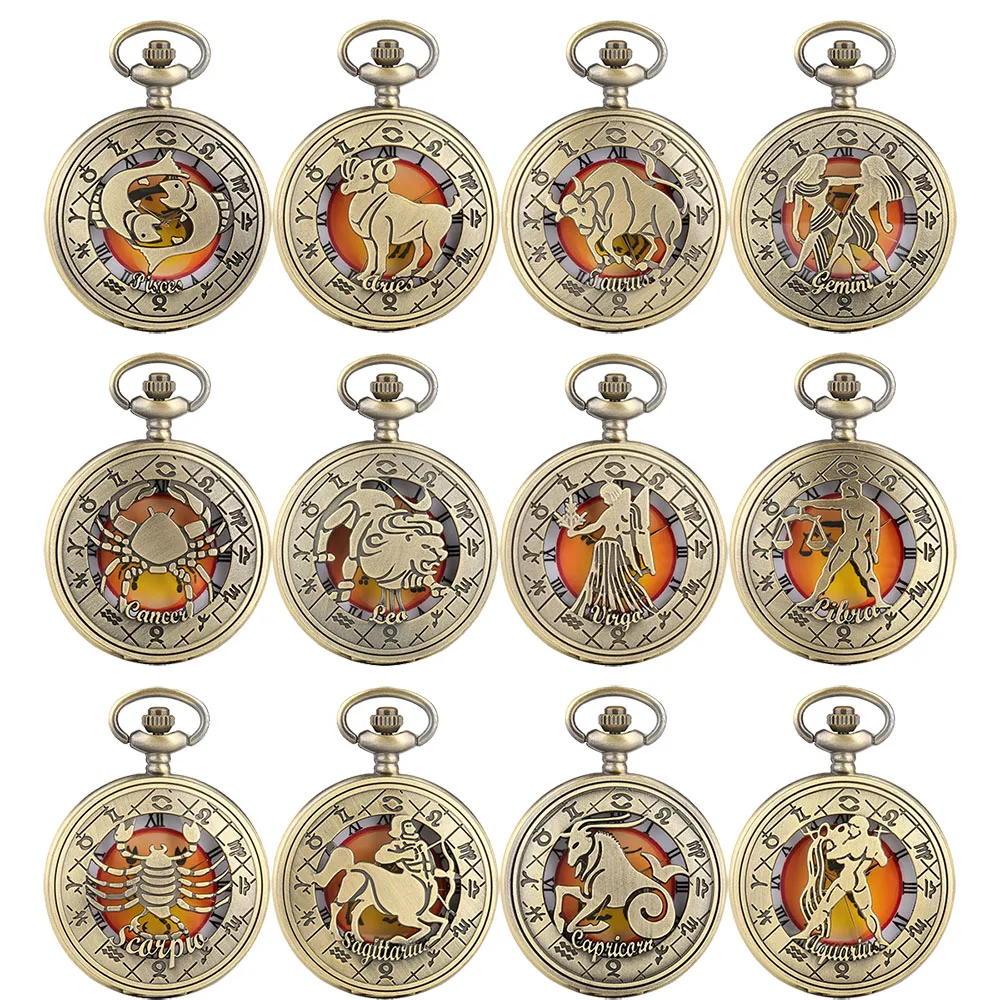 

Sdotter Hollow Zodiac Twelve Constellations Vintage Bronze Necklace Watch Birthday Gifts for Men Women Roman Numerals Pocket Clo