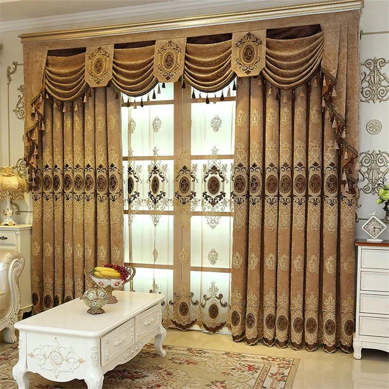 

European Curtains for Living Room Bedroom Dining Villa French Pelmet Valance High-end Luxury Brown Chenille Embroidery Curtain