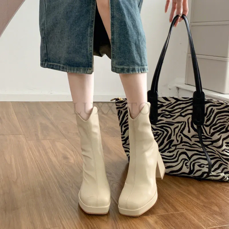 

Women Black Ankle Boots Platform Square High Heel Ladies Short Boots Patent PU Leather Round Toe Women Chelsea