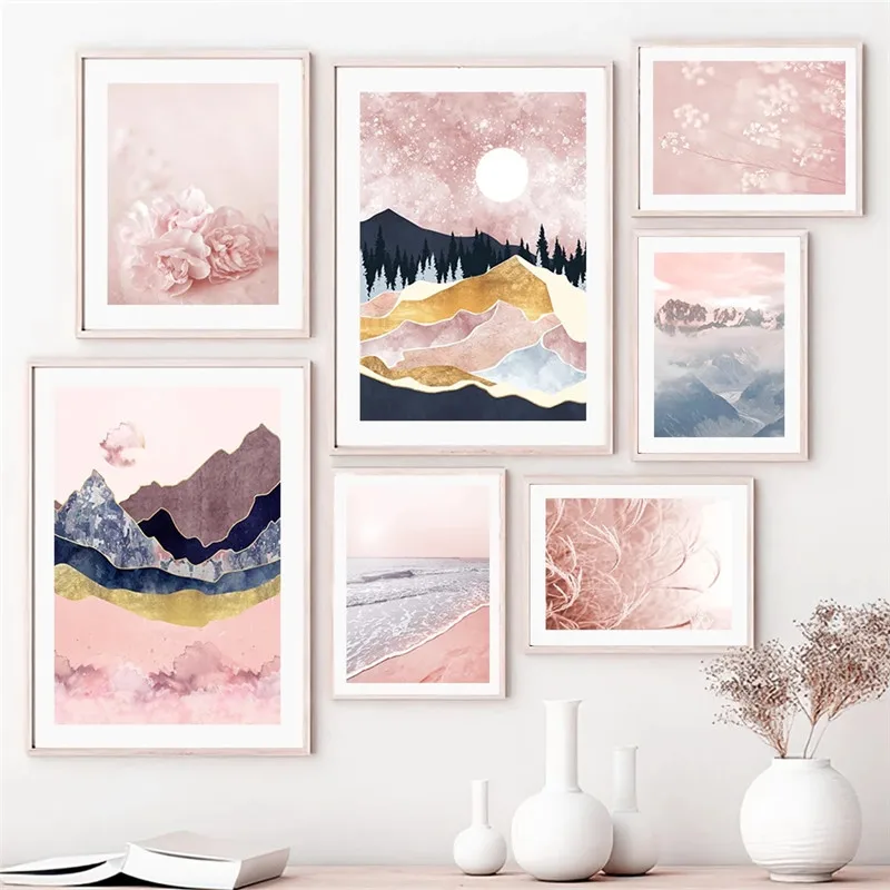 

Abstract Girl Sun Mountain Flower Sea Reed Landscape Posters Wall Art Canvas Painting Living Room Decoration Home Decor Picture