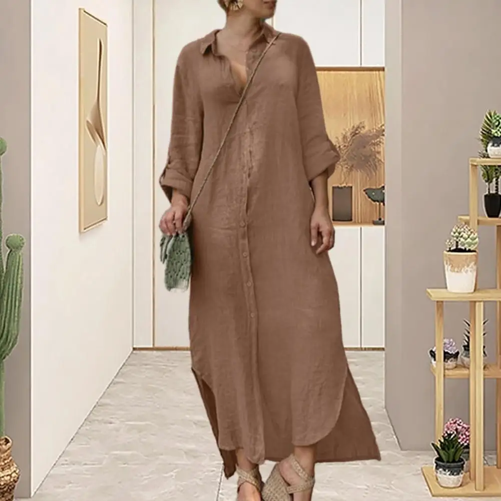 

Повседневное платье, популярное мягкое однотонное Макси-Платье на пуговицах с длинным рукавом, женская одежда, женское платье, платье-рубашка