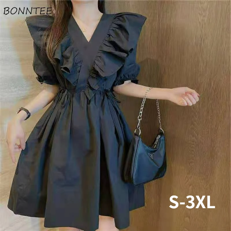 Dresses Women Ruffles A-line Midi Preppy Sweet Cute French Style Retro Ladies Summer Leisure Chic Vacation New Vestidos Design