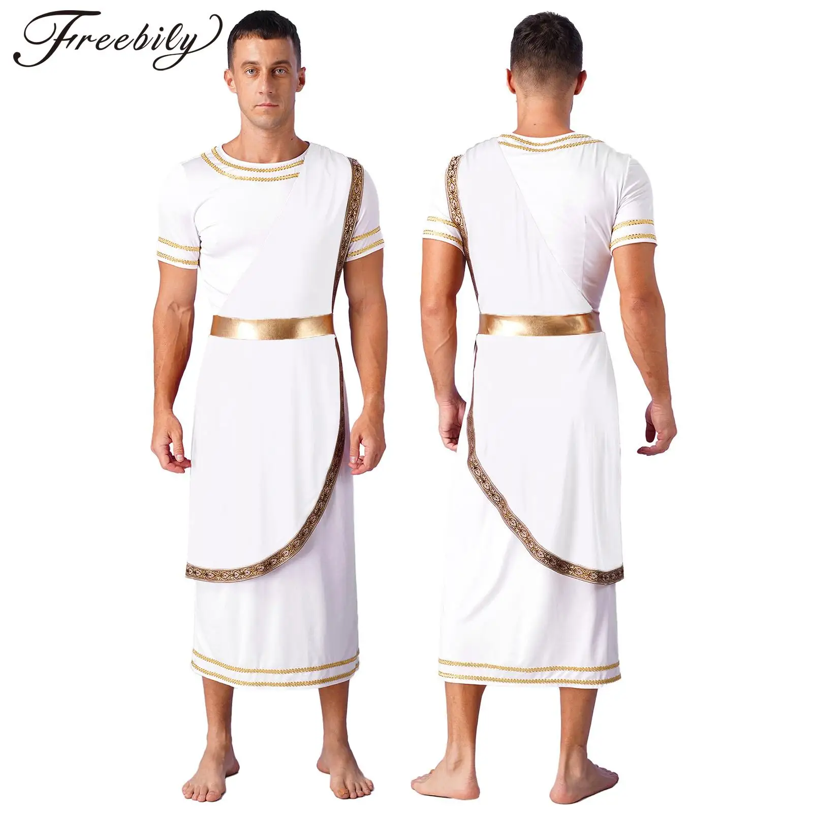 

Mens Halloween Ancient Greece Roman Cosplay Costume Short Sleeve Retro Gold Toga Robe Caesar King Theme Party Role Play Clothes