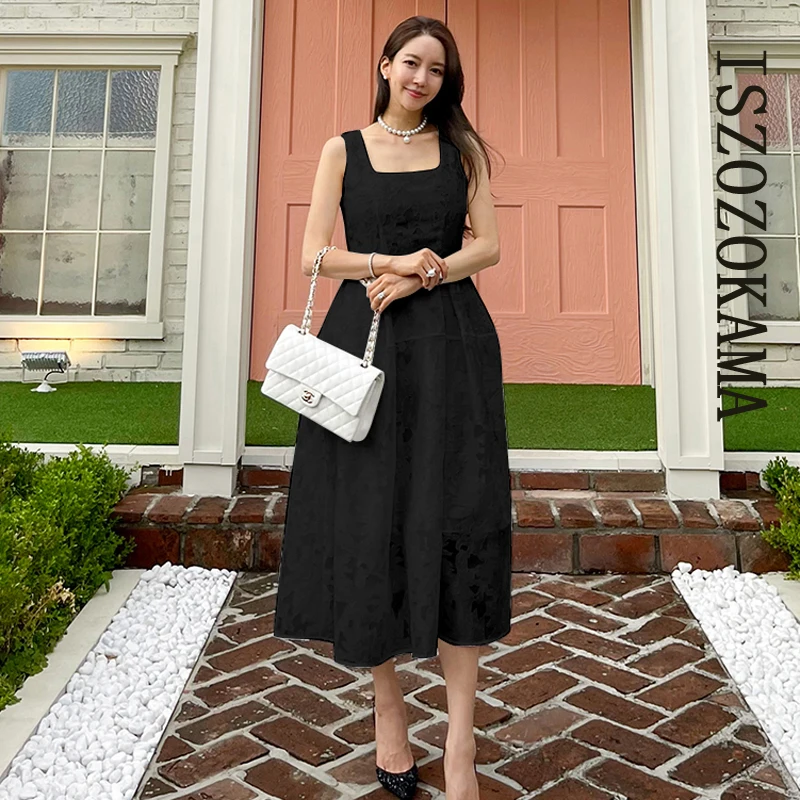 

ISZOZOKAMA, длинное ТРАПЕЦИЕВИДНОЕ офисное платье, корейское летнее кружевное платье без рукавов для женщин