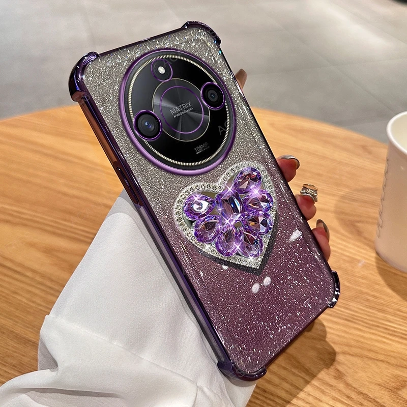 For Huawei Honor X50 X40 X30 Magic 7 Pro 6 Lite 5 4 Diamond Heart Stand Four Corner Anti-shock Plating Case Magic6 Magic5 Cover