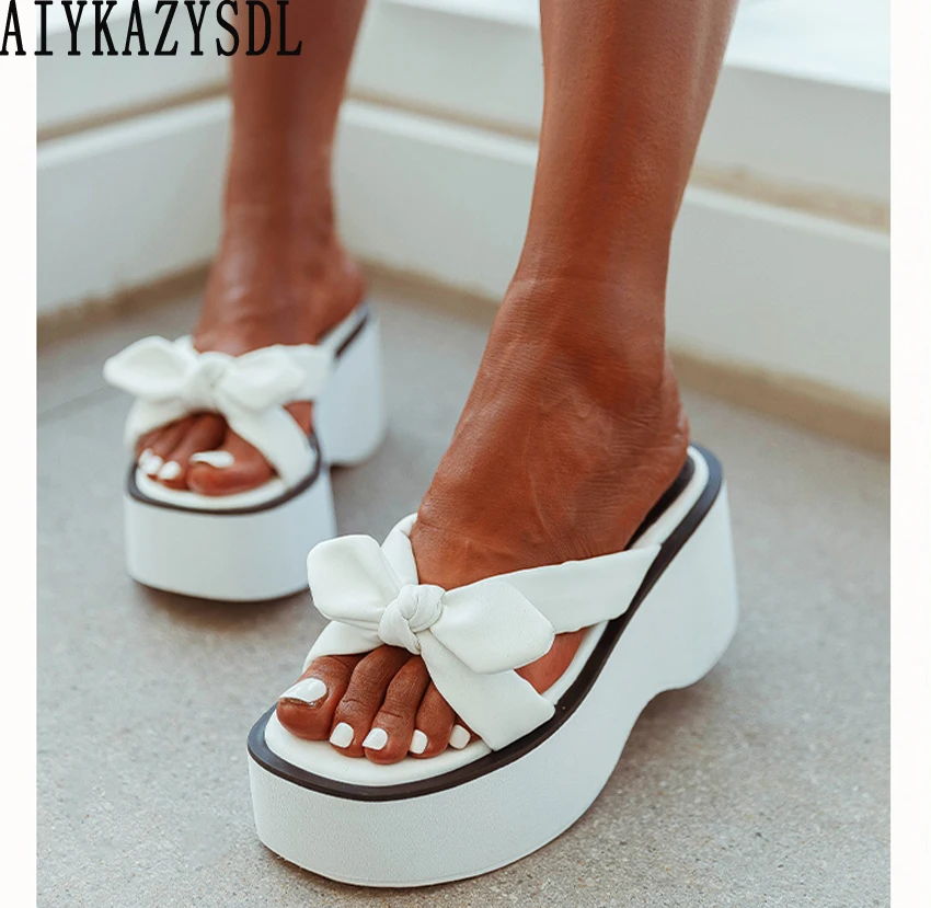 

AIYKAZYSDL Women Punk Gothic Sandals Platform Wedge High Heel Thick Sole Bottom Slippers Slides Bowknot Mule Slides Flip Flops