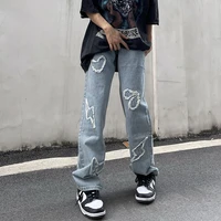 2022 new high quality high street love embroidery retro style tassel jeans men and women straight oversize casual loose trousers