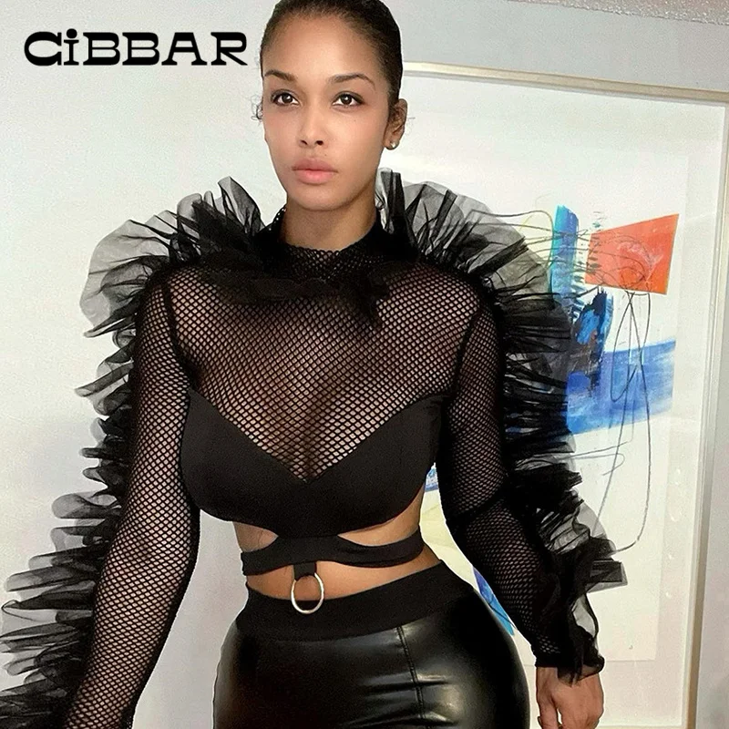 

Элегантные уникальные модные кружевные лоскутные Футболки CIBBAR, сексуальные прозрачные женские футболки в сеточку, Клубная одежда, облегаю...