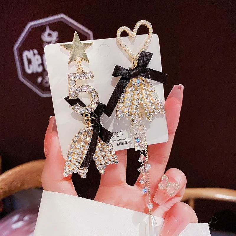 2022 New Korean Bow Tassel Heart Stud Earrings for Women Fashion Crystal Elegant Jewelry Party Gifts