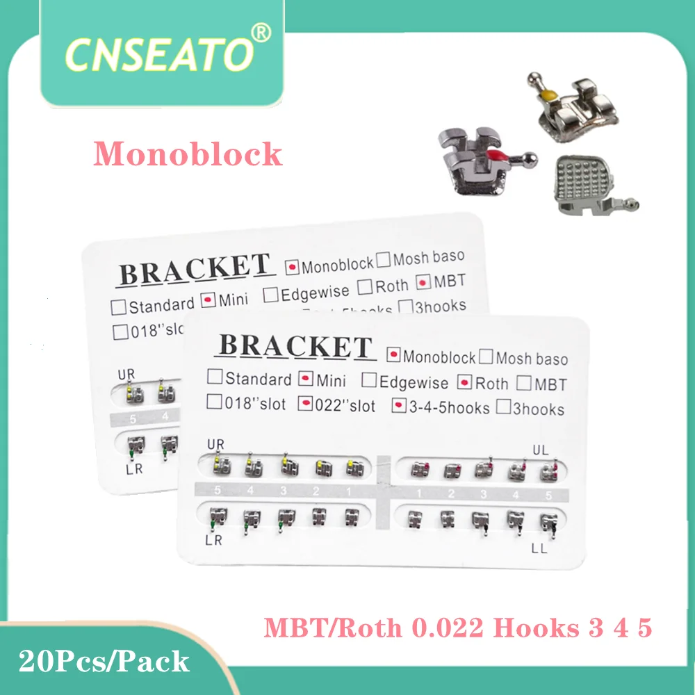 

20pcs/Pack Dental Orthodontic Brackets Braces Mini MBT Roth 022 Slot Hooks 345 Metal Bracket MIM Monoblock Dentist Materials