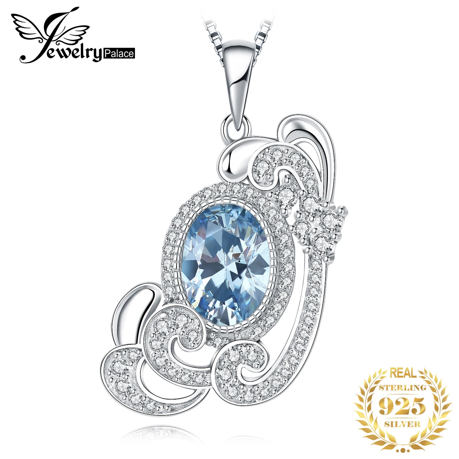 

JewelryPalace New Arrival Ocean Sea Wave Oval Light Blue Gemstone 925 Sterling Silver Pendant Necklace for Woman Gift No Chain