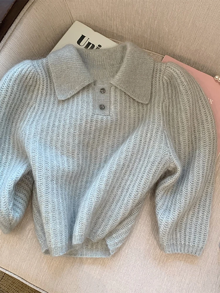 

Grey Color Turn-down Collar Women Short Knit Pullover Baggy Lantern Sleeve Simple Sweater Female Plush Simple Knitwear Basic