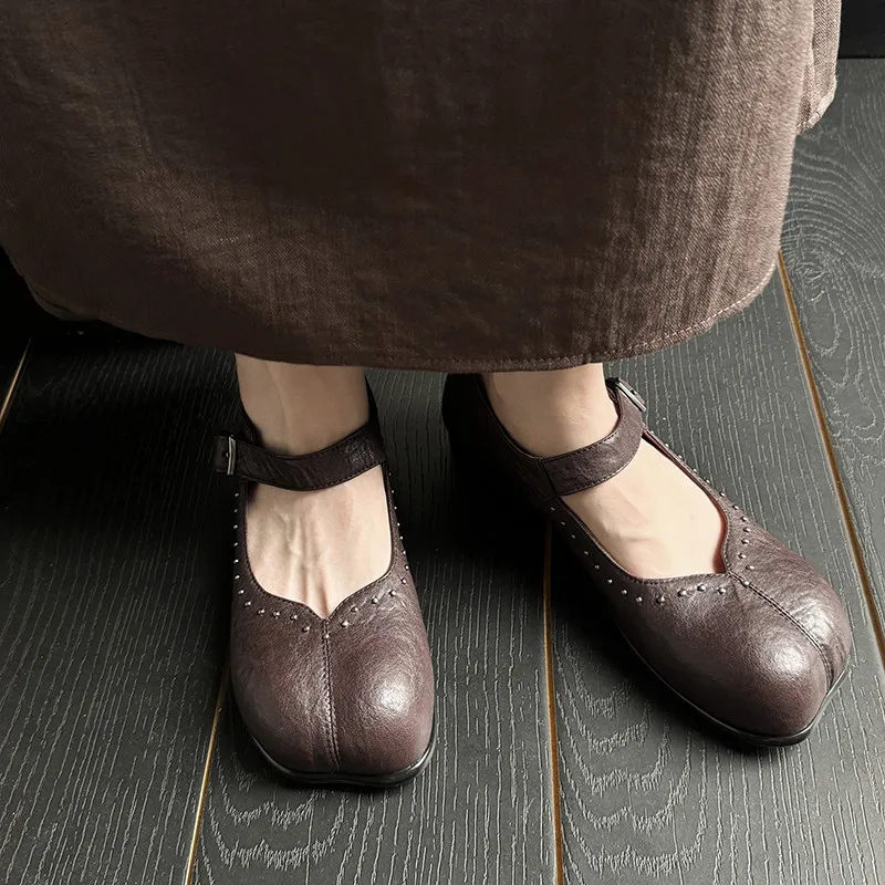 Туфли-лодочки MKKHOU женские с заклепками натуральная кожа низкий каблук Туфли Мэри