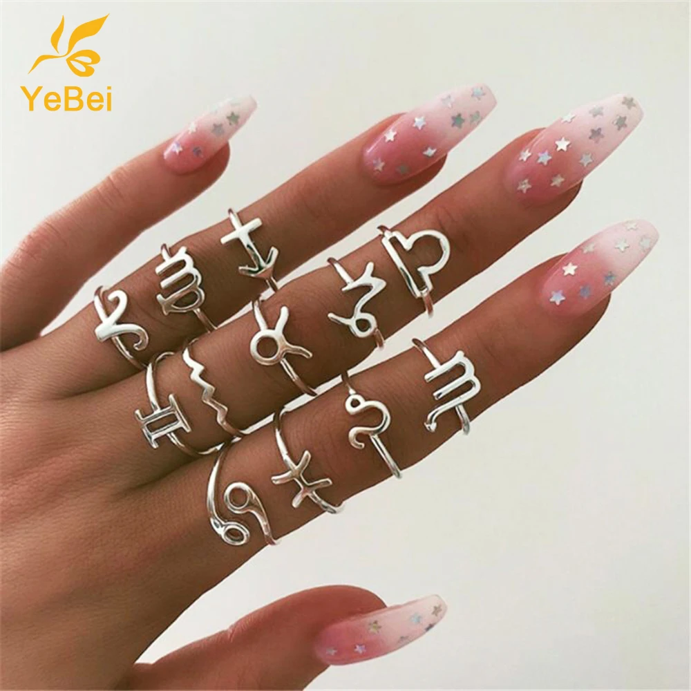 

12PCS Twelve Constellation Ring Set Bohemian Jewelry Ring Woman Trends 2022 Young Girls Offers with Free Shipping Egirl