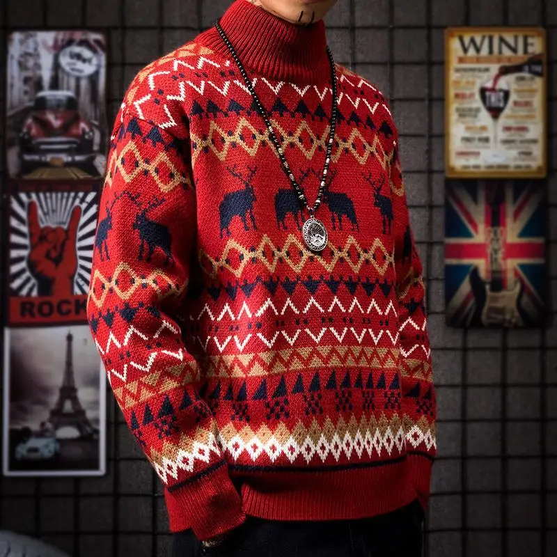 Winter Fashion Sweater Knitwear Unisex Streetwear Jersey Pull Homme Sweater Christmas Printed Deer Height O-neck Vintage Sweater