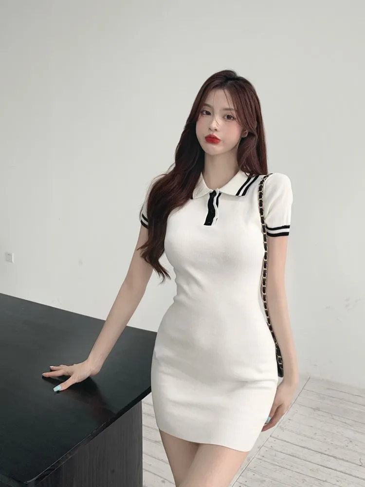 

Runway Summer Korean Women's Contrasting Striped POLO Knitted Sweater Short Sleeve High Waist Slim Elegant Dress Vestidos