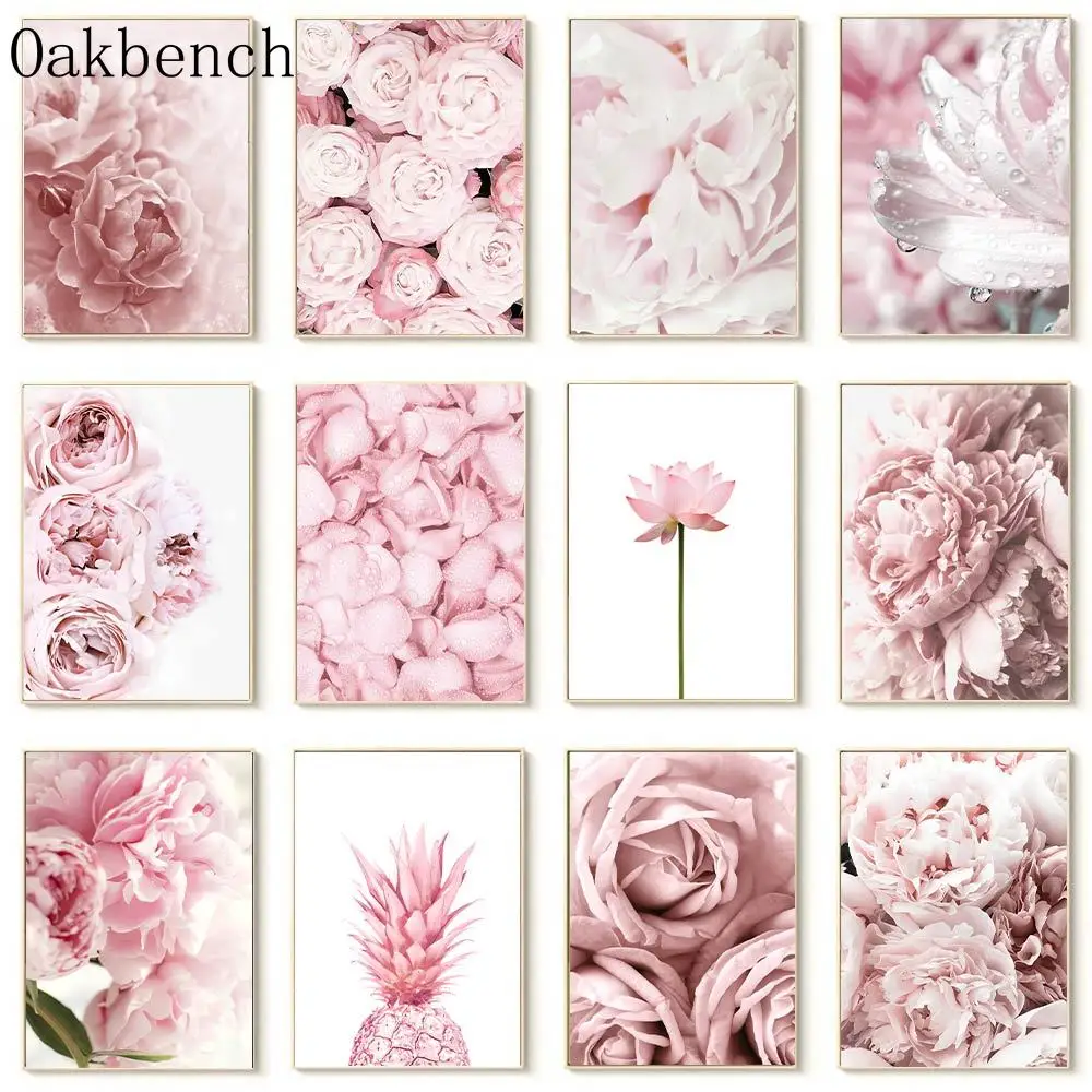 

Pink Blossom Wall Posters Peony Wall Art Canvas Rose Magnolia Wall Picture Water Lily Art Print Pineapple Poster Girl Room Decor