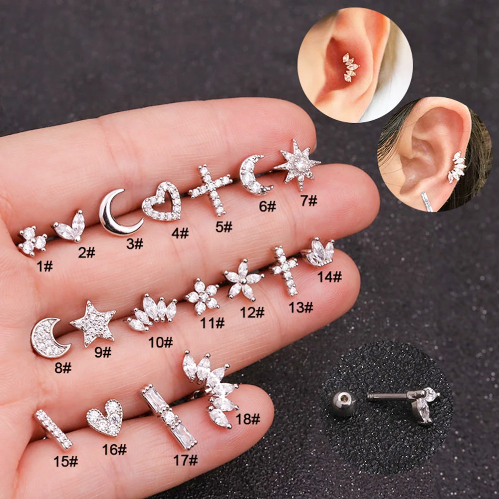 

1PC 16g Brass Daith Earrings Helix Cartilage Studs Flower Heart Moon Zircon Tragus Ear Piercing Surgical Steel Shaft Bar Jewelry