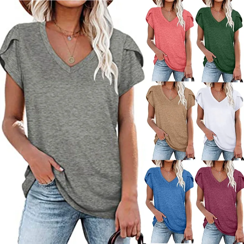 2022 Spring Summer Tops Solid Color T Shirt V-neck Short-sleeved T-shirt Top Women's Solid Color Tops
