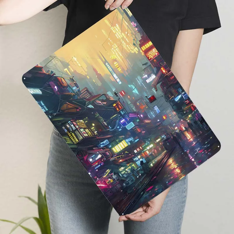 Киберпанк яркий город неоновая вывеска Ретро винтажная жесть настенное