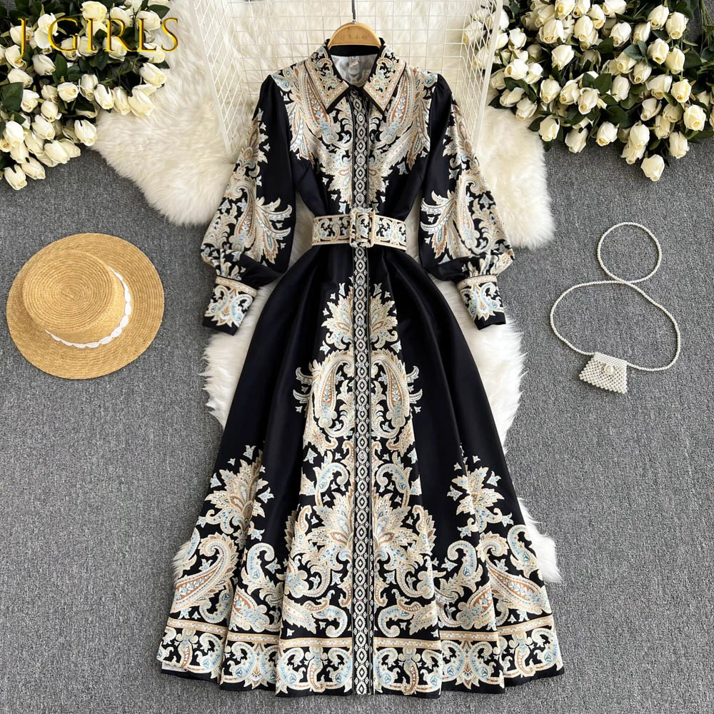 

J GIRLS Women New Fashion Palace Retro Autumn and Winter Long Sleeve Elegant Single Breasted A-line Shirts Dress Vestidos