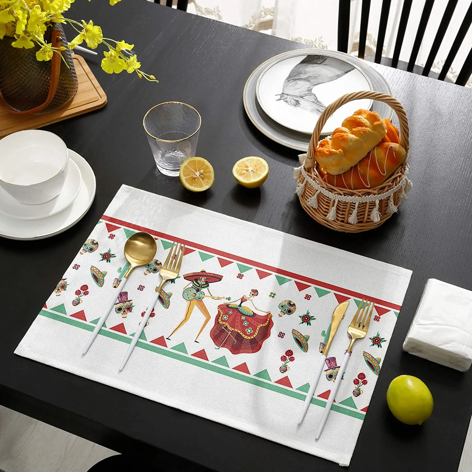 

Dancing Skull Mexican Decor Filling Place Mats Table Mats Celebration Geometric Striped Triangle Cotton and Linen Placemats