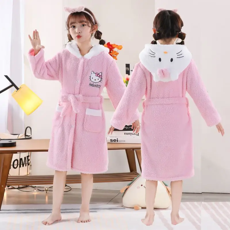 

Новинка, детские пижамы Sanrio из аниме «Hello Kitty», фланелевый мультяшный банный халат, утепленная теплая Домашняя одежда, осенне-зимние пижамы