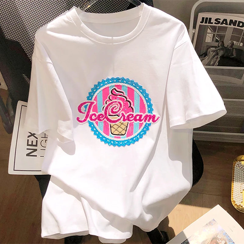 

Милые розовые Мультяшные футболки с мороженым, кавайная одежда, милые топы с коротким рукавом для девушек, белый хлопковый материал, летние большие размеры 2XL, повседневные