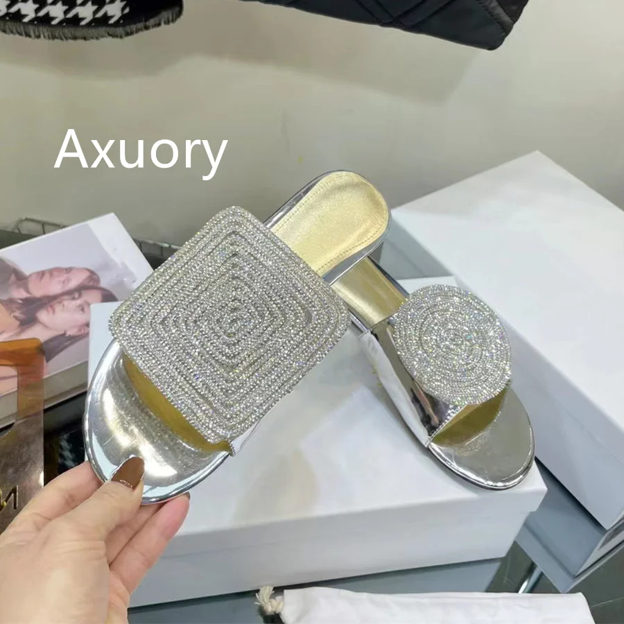 2023 New Women Sandals Genuine Leather Thick Heel Sexy Water Diamond Hollow Strap Square Toe High Heels