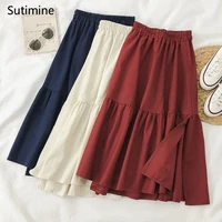 vintage summer women skirts solid color korean fashion clothing high waist skirts for girls student mid length red black skirts
