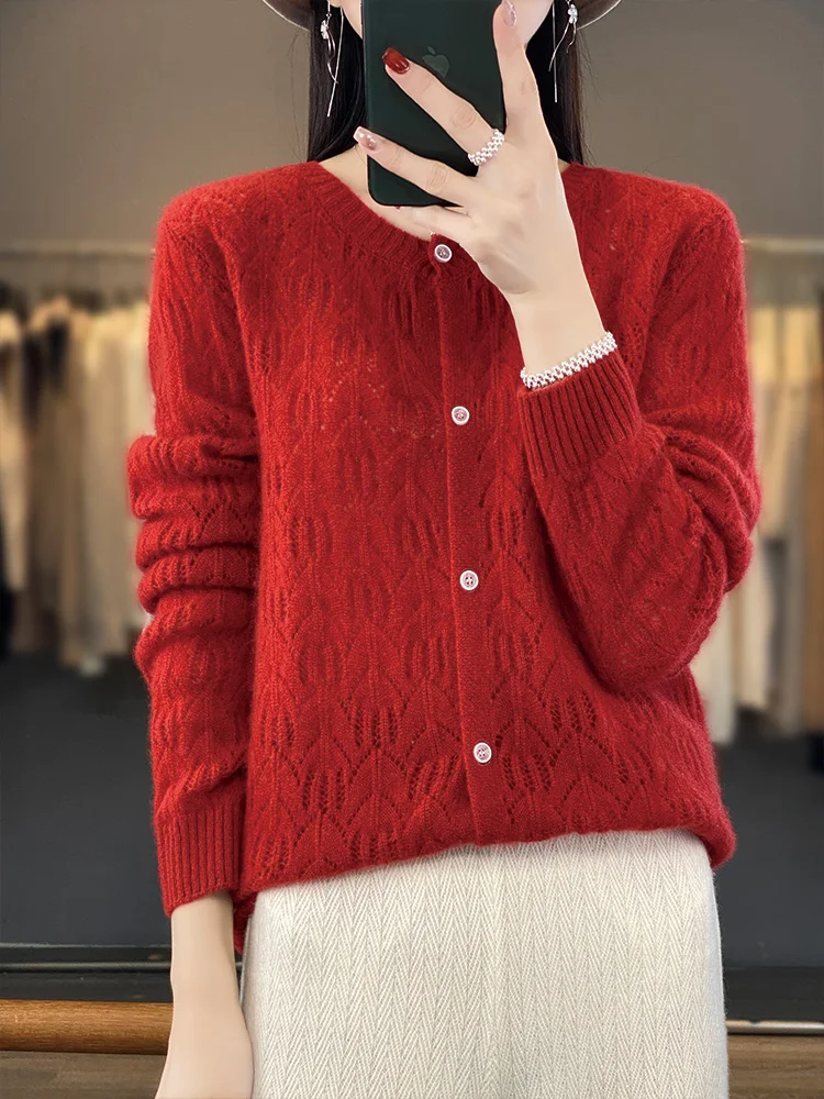 

Women 100% Merino Wool Cardigan Sweater Spring Autumn O-neck Hollow Grace Cashmere Knitted Coat Korean Fashion Female Clothes