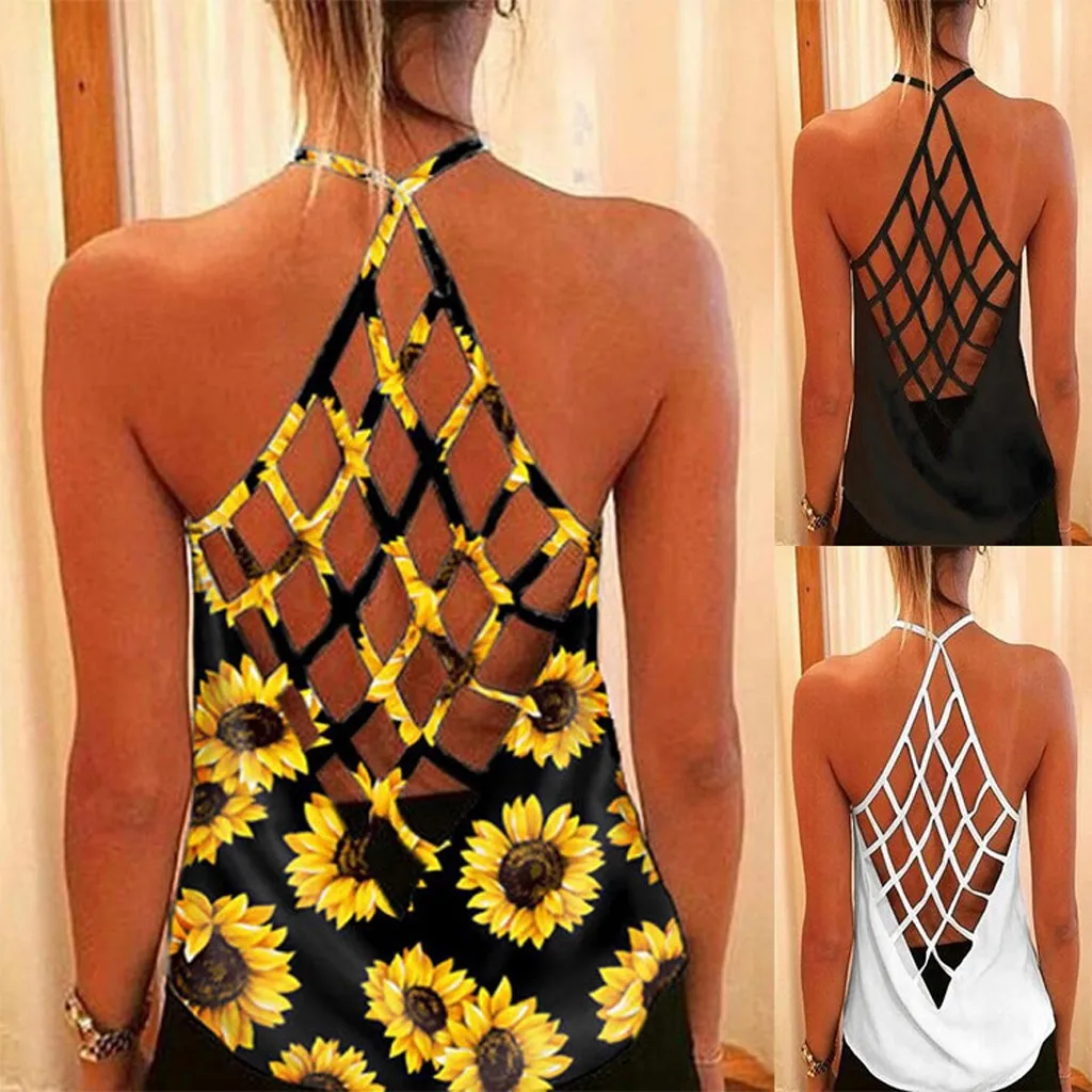 

Women Sunflower Sexy Hollow Out Open Back Suspender Vest Sleeveless Tank Top Female Backless Loose Camisole Tank топ женский hot