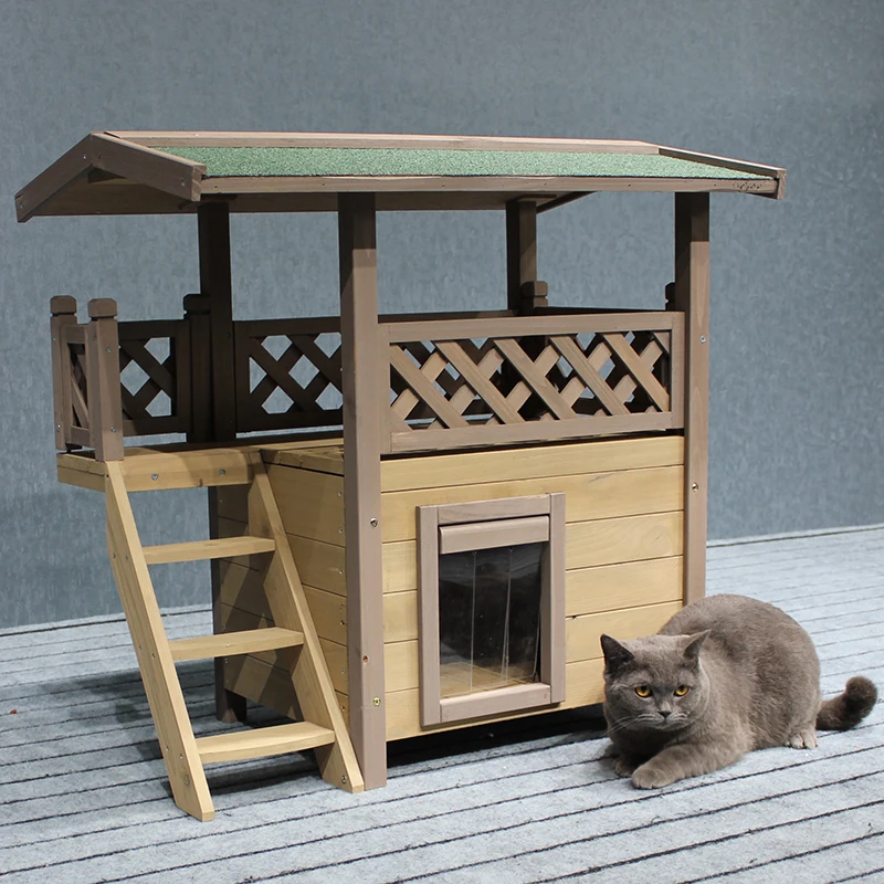 

Outdoor Solid Wood Cat Nest Wooden Cat House Cat Cage Pet Nest Outdoor Rainproof and Warm Two-layer Universal