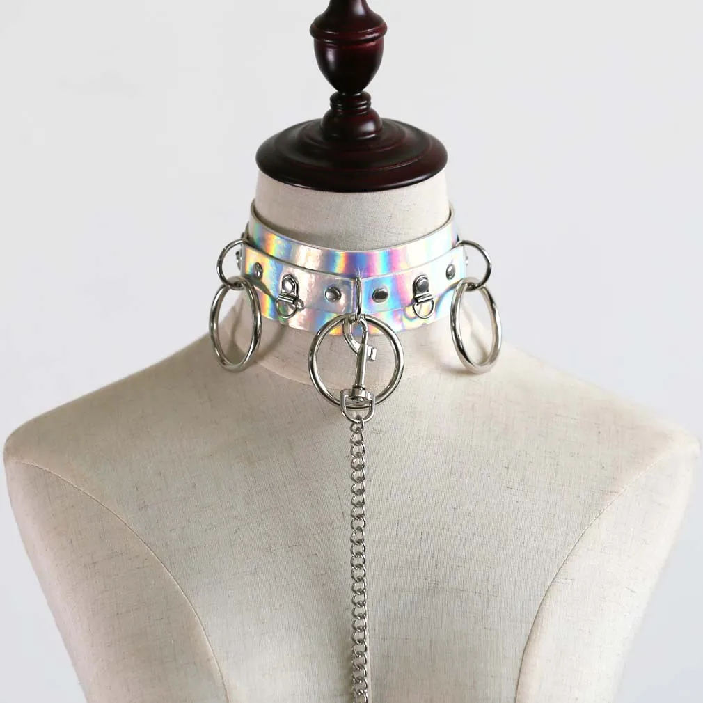

Sexy Laser Leather Bondage Collar Choker Necklace With Adjustable Large Size Metal Chain Patchwork Punk Chokers Necklace