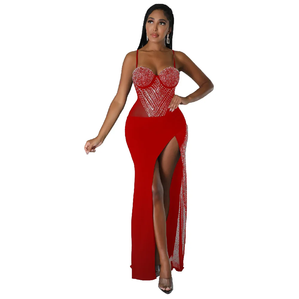 Women Bodycon Sequined Prom Evening Dress Spaghetti Sleeveless Backless Party Dress Sexy High Split Patchwork Formal Dresses