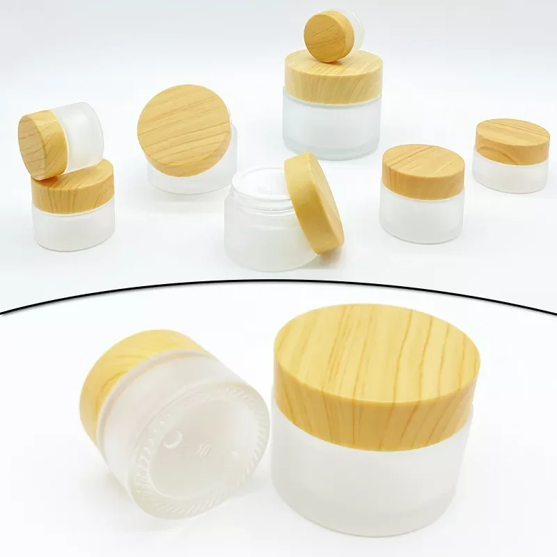 

1pc Wood Grain Glass Cream Box Portable Travel Cosmetic Cream Jar Pot Box Makeup Round Storage Box Refillable Dispenser Bottles