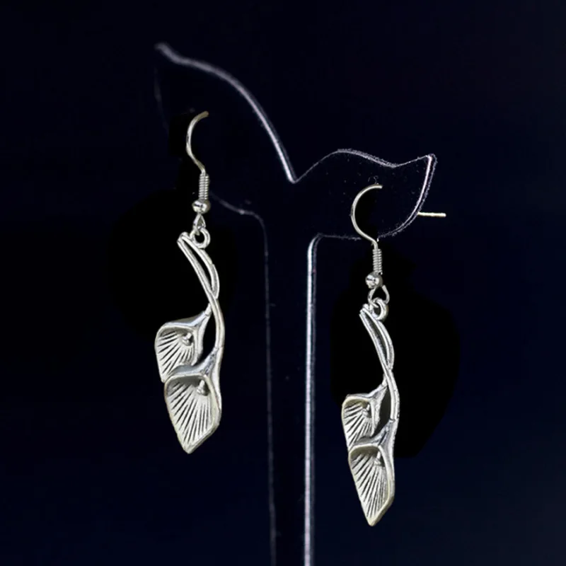 1Pair Gypsy Retro Minimalism Calla Lily Flower Leaves Dangle Earring Silver Color Metal Hook Earrings For Women Jewelry Gifts