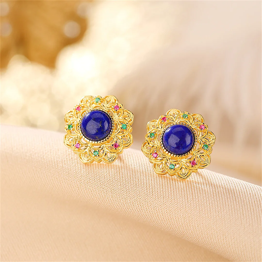 

FS Lapis Lazuli S925 Sterling Silver Hollow Sunflower Earrings Charm Fine Fashion Weddings Trendsetter Jewelry Women MeiBaPJ