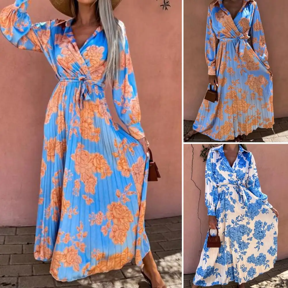 

Charming Holiday Dress Lapel Soft Texture Maxi Dress Women Summer Flower Printing Belt Shirt Maxi Dress
