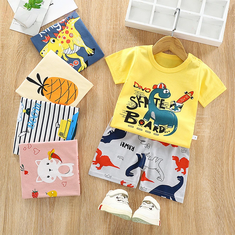 

Children Suits Kids Girls Sports 2 Pieces Sets Short Sleeve Top+Shorts Print Outfits Active Summer Student Boys Baby Clothes Set