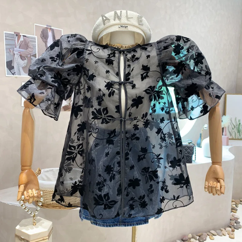 

New Women's Clothing 2022 Summer Thin retro sunscreen loose bubble short sleeve mesh Doll shirt top blusas