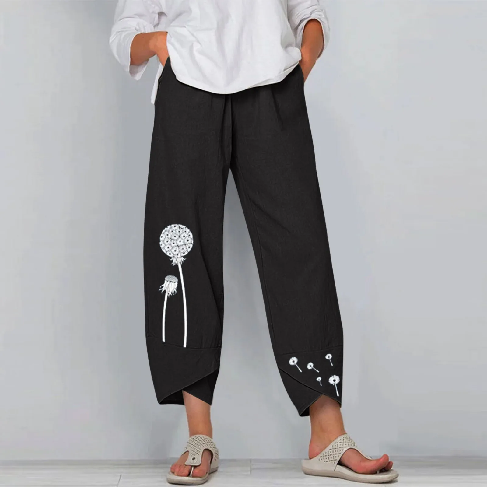 

Брюки-султанки женские с эластичным поясом, винтажные хлопково-льняные штаны с широкими штанинами, повседневные однотонные свободные укороченные брюки с карманами