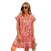printed holiday women dress sexy v neck short butterfly sleeve a line perfectly summer loose floral ladies casual oversize beach
